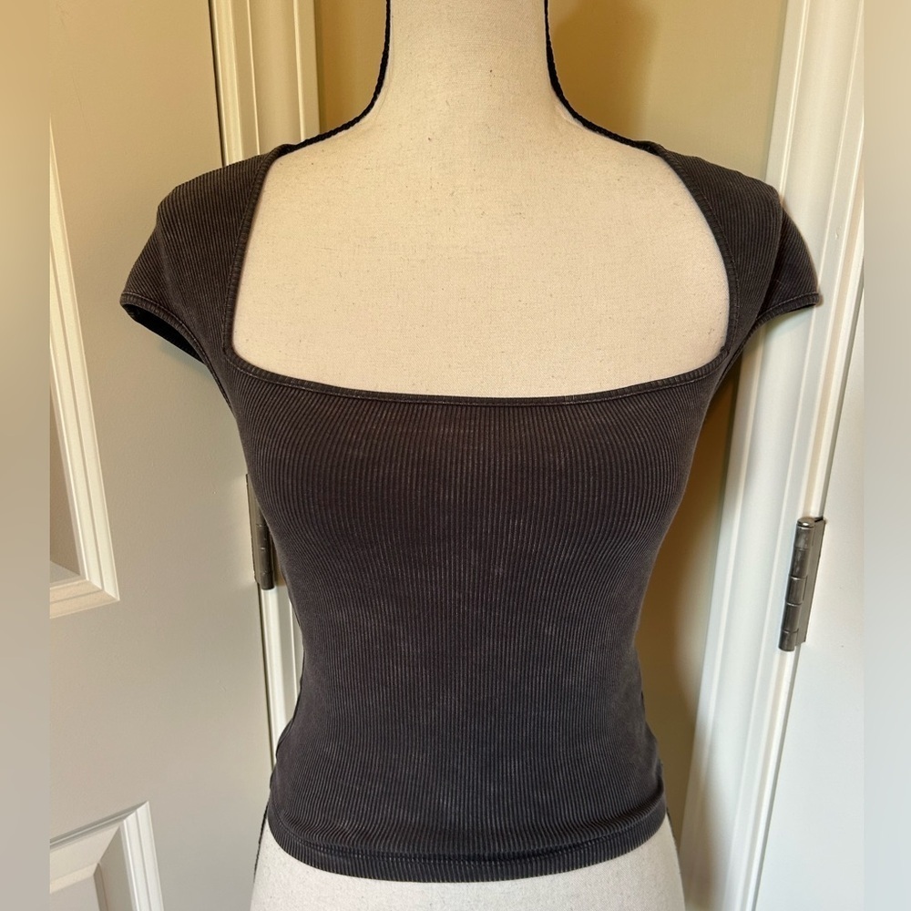 Divided Dark Gray Cap Sleeve stretch top- square neck
